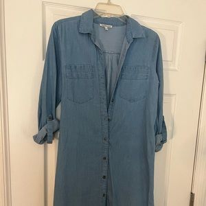 Denim Midi Length Button Down Dress with Elbow Length Sleeves